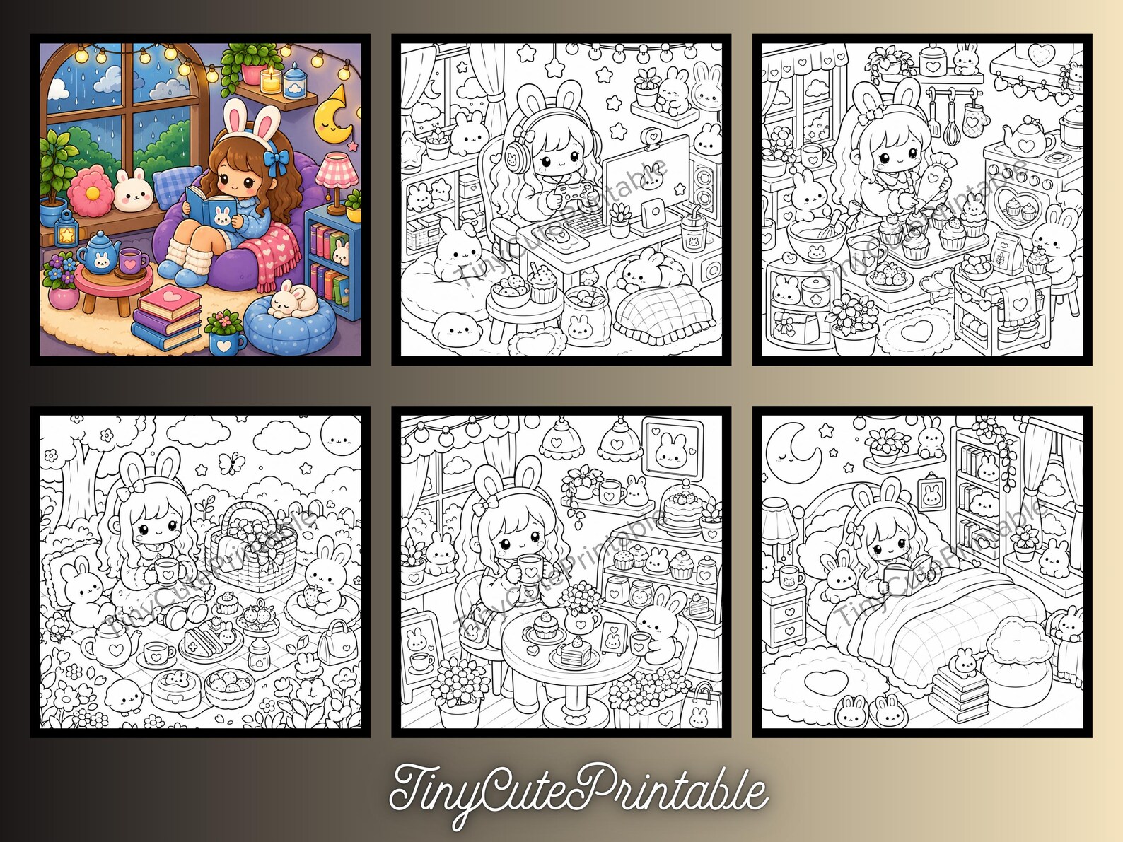 CuteLearner printable Kawaii Bunny Coloring Book Pages, Cozy Hygge Scenes, Coco Wyo, Relaxing Art (PDF Download) — Coloring Books, Kawaii Coloring Books — preview 2